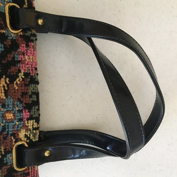 Vintage 50s 60s Needlepoint Tapestry Carpet Bag Black Colorful Floral Purse - Picture 16 of 16